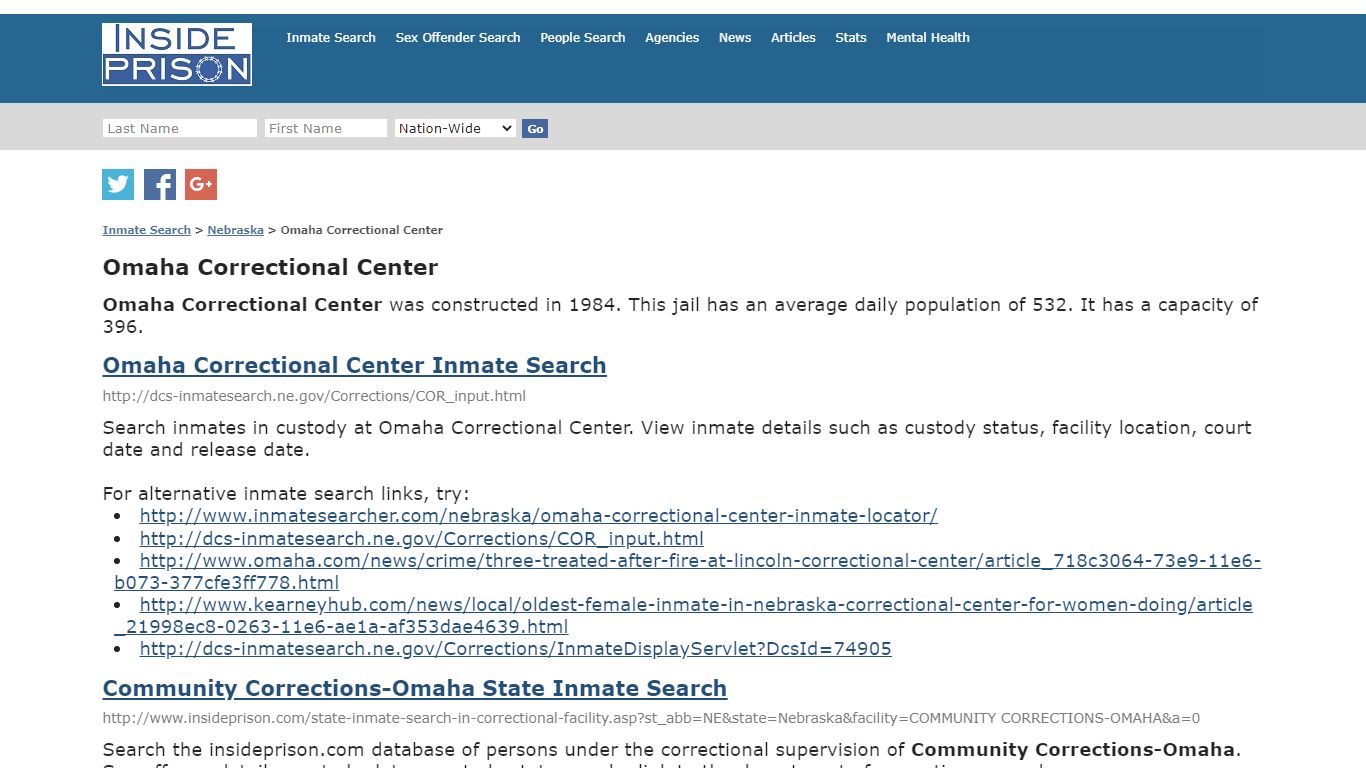 Omaha Correctional Center - Nebraska - Inmate Search